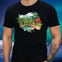 Mens Japanese Garden Motif Cotton T-Shirt Size XS to 5XL