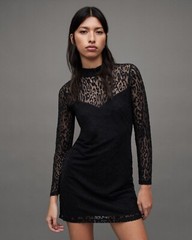 All Saints Womens Leopard Print Mini Dress Hanna Anita Black Slim Long Sleeve