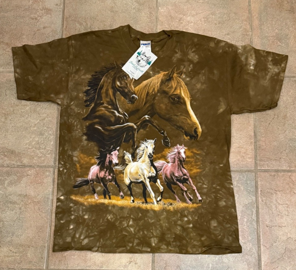 Y2K Horse Graphic T Shirt Brown Tie Dye Back To Earth Nature Wildlife Tee L Tag