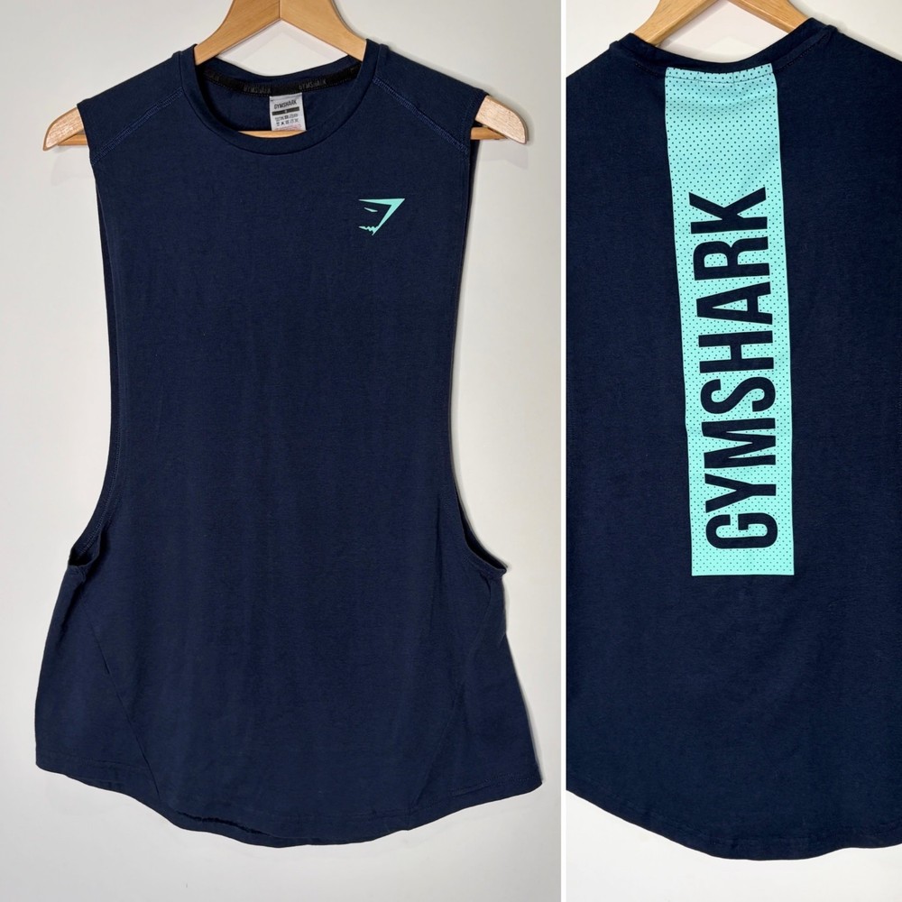 Gymshark Bold Drop Arm Tank Navy Blue Slim-Fit Sleeveless Workout Men Small