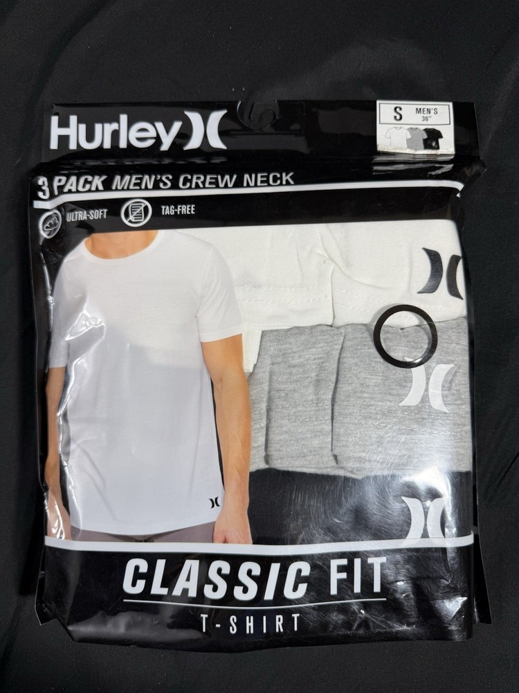 3 PACK HURLEY Mens Classic Fit 3pk T-SHIRT Ultra Soft & Tag Free – S 36” Small