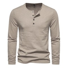 Men’s Shirt Cotton Henley Neck T-Shirts Long Sleeve Casual Button Plain 25% OFF