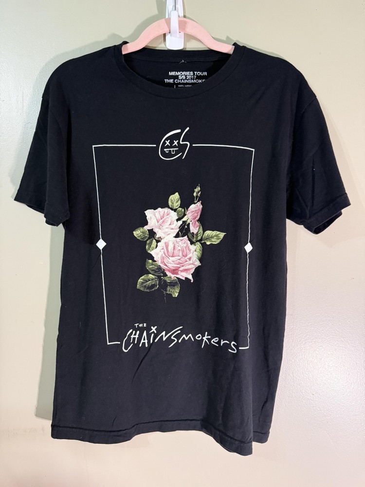 THE CHAINSMOKERS Shirt Mens M Black Memories Tour Rose Graphic Cotton Jersey