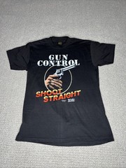 Vintage T Shirt Gun Control 1991 Just Brass Inc. SHOOT STRAIGHT WAR ZONE. Size L