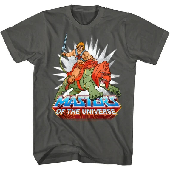 HE-MAN w/BATTLE CAT T-SHIRT Retro 80’s Cartoon MOTU American Classics Gray NEW