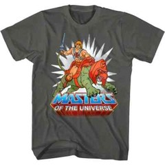 HE-MAN w/BATTLE CAT T-SHIRT Retro 80’s Cartoon MOTU American Classics Gray NEW