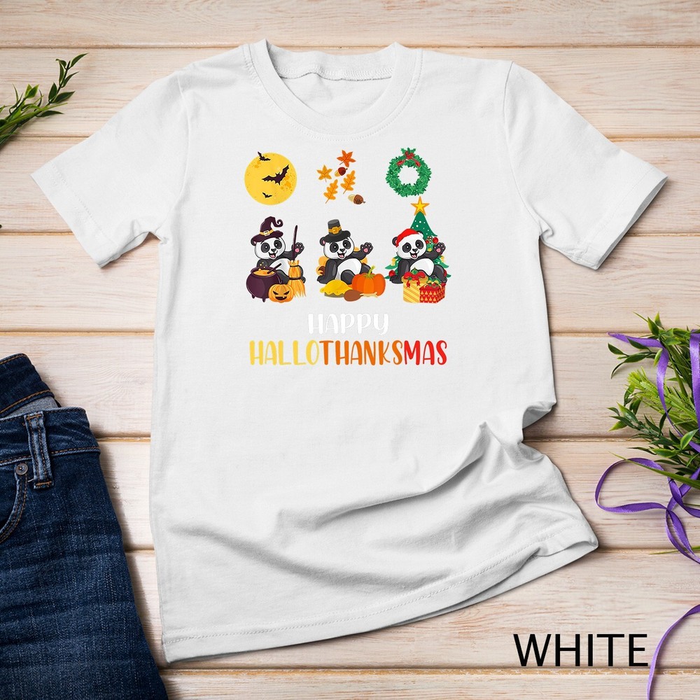 Panda Halloween And Merry Christmas Happy Hallothanksmas T-Shirt Unisex T-shirt