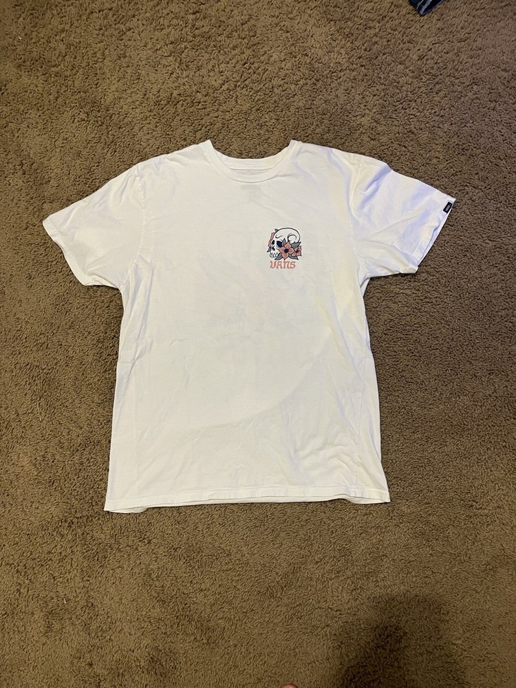 Men’s Vans White T Shirt Pink Floral Skull Graphic Size Large