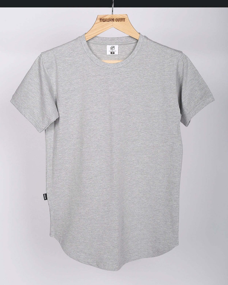 Mens Cotton Crew Neck Athletic Short Sleeve Curved Hem Plain Grey T-Shirt