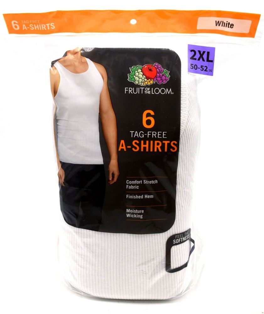 6 White 2XL 50-52 Inch A-Shirt Tanks Fruit Of The Loom 2EG 127-132 CM