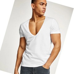 Men’s Deep V-Neck T-Shirt, Cotton Fitness Leisure Tops, Solid Color Europe Size