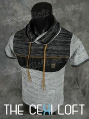 Mens Big Collar T-Shirt Grey Faux Leather Crest SLIM FIT Designer Short Sleeve