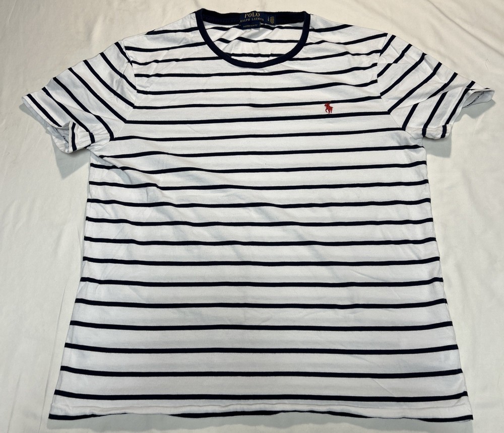 Ralph Lauren Polo L Striped White Navy Blue Custom Slim Fit