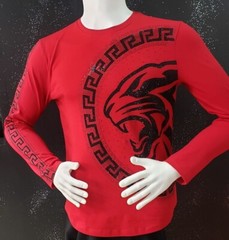 Men’s Italian Fashion Long Sleeve Red T-shirt black Panther rhinestone Greek key