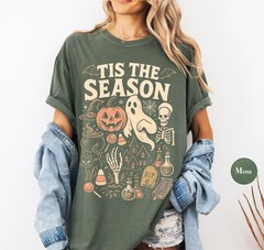 Vintage Halloween Skeleton Pumpkin Shirt Tis The Season Retro Unisex Fall Tee