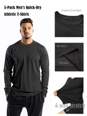 5 Pack Mens Long Sleeve Quick Dry Active Athletic T Shirt Running Gym Workout…
