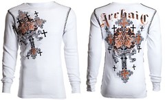 Archaic Affliction Men’s Thermal shirt GODFREY Biker Tattoo Cross White