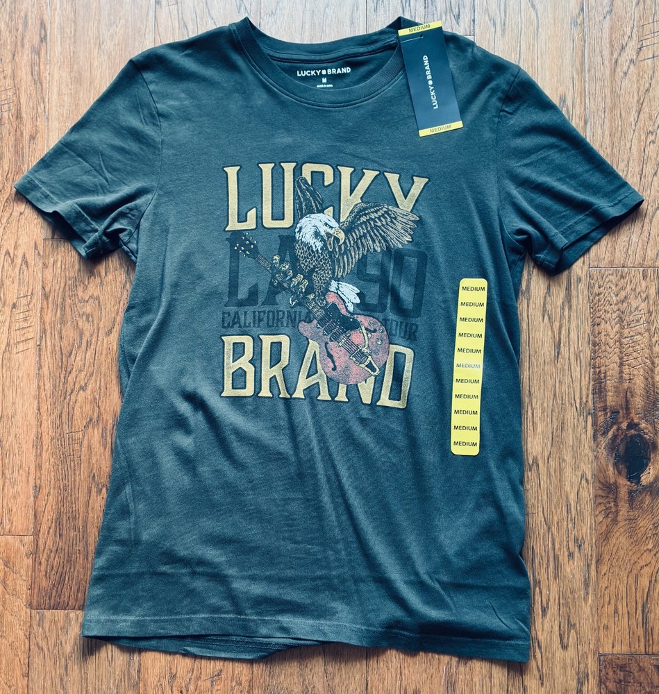 Lucky Brand Dark Gray Crew Neck Cotton Graphic Men’s T-Shirt Size Medium