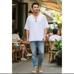 Northern Thai Short Sleeve Shirt T-Shirt Unisex V-collar Summer Unisex Cotton