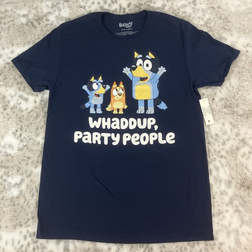 Bluey Whaddup Party People Graphic Shirt Mens Medium Bingo Dad Mom Disney 305