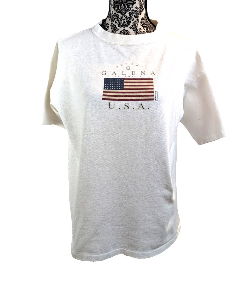Galena Illinois Whitee Cottton Large Ladies T-Shirt with American Flag