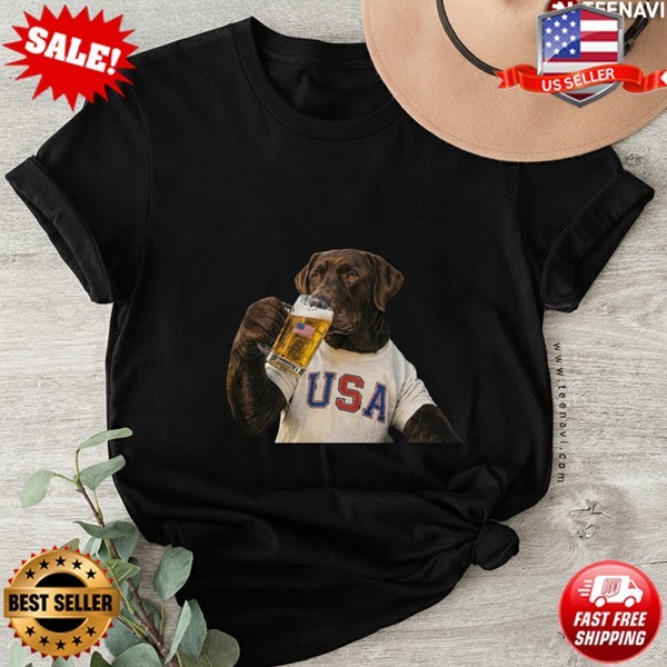 Patriotic USA Chocolate Lab Drinking Beer Funny T-Shirt S-5XL