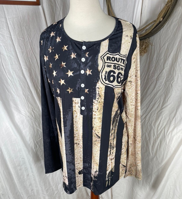 Route 66 Mens Shirt Large Henley Flag USA Blue Brown Button Easy Care