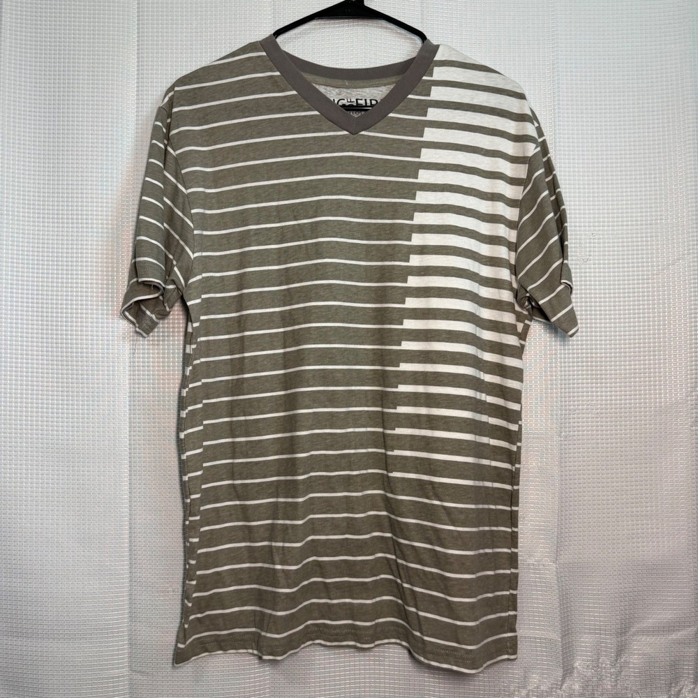 Ring of Fire V-Neck T-Shirt Medium Olive Green Asymmetrical Stripe Basic