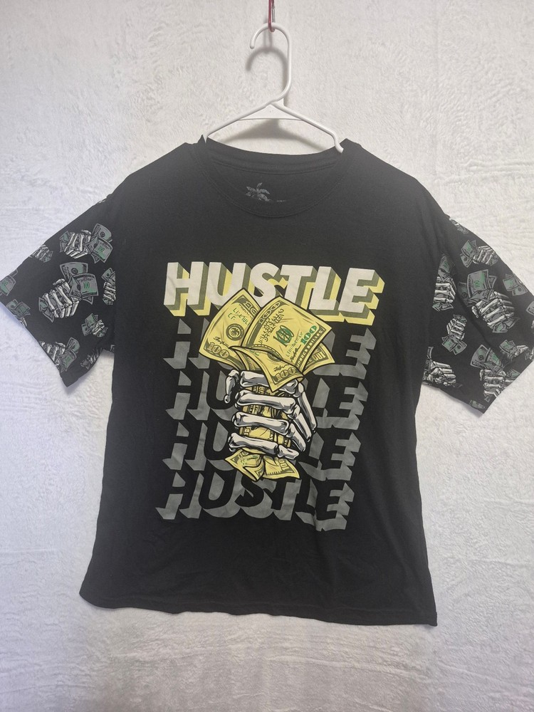 VIBES Hustle T-Shirt Size L Black Skeleton Money Graphic Mafia Core Streetwear