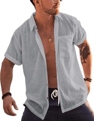Men’s Short Sleeve Button-Up Linen Cotton Beach Shirt – Spread Collar Tops
