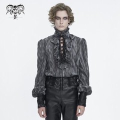 Devil Fashion Men Coffee Retro Lace-Up Long Sleeve Shirt Adjustable Rope Blouse