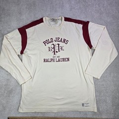 VTG Ralph Lauren Polo Jeans Co Jersey Shirt Men XL Cream Burgundy Logo Spellout