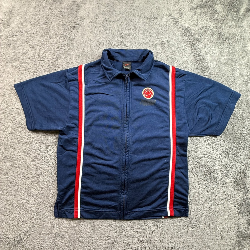 Nike Mens S Basketball Warm Up Shirt Blue Red White Stripe Zip Jersey Vintage