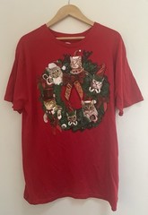 Holiday Time Men’s Cat Wreath Graphic Cotton Blend Christmas T-Shirt Red L 42-44