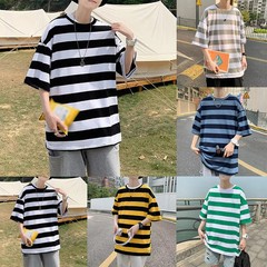 Men O Neck Short Sleeve Wide Striped T-Shirts Casual Loose Fit Blouse Tops Tee