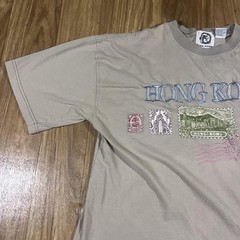Vintage Hong Kong Shirt Mens XL Beige Embroidered Stamp Graphic Tourist Tee 90s