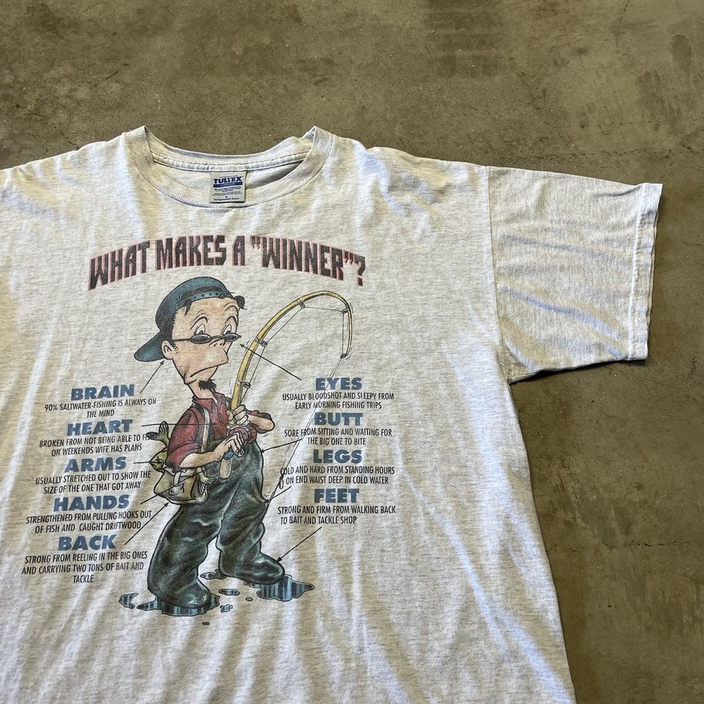 Vintage Tultex Fishing Cartoon T Shirt Mens XL Gray Funny Dad Joke Winner 90s