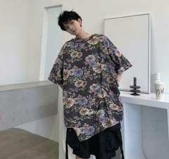 Mens Youth Casual Fashion Floral Short Sleeves Loose Irregular T-Shirt Tee Top