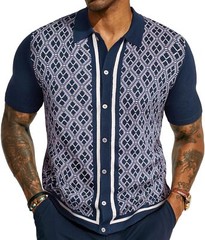 Men’s Vintage Knitted Polo Shirt 70s Style Contrast Color Short Sleeve Casual