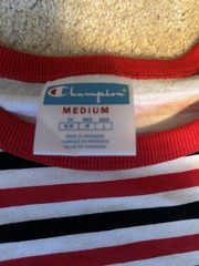 Champion Striped T Shirt Red Black White All Over Logo Men’s Medium
