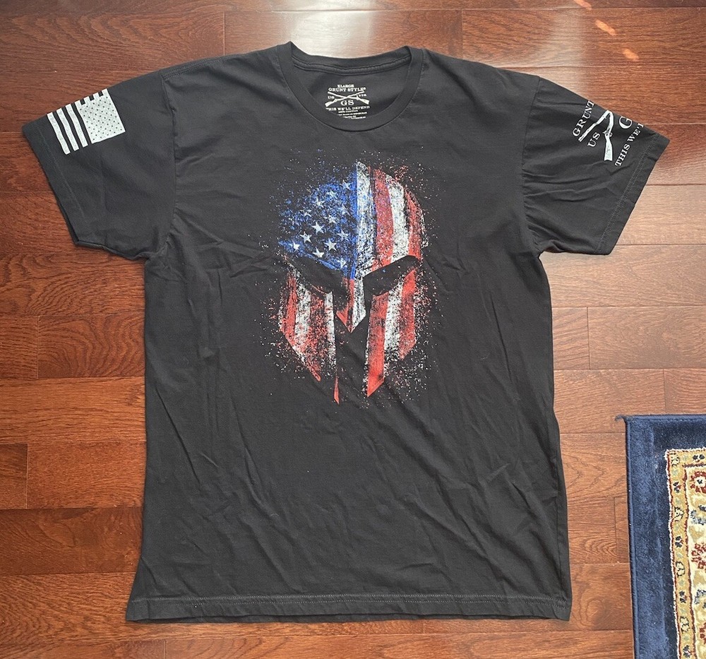 Grunt Style Shirt Mens XL American Flag Spartan Helmet “THIS WE’LL DEFEND”