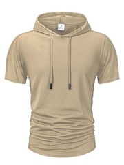 Men Summer Hoodie Short Sleeve Solid Color Loose Drawstring Pullover Top Casual