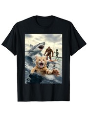 Men’s Surfing Cat & Shark T-Shirt – Short Sleeve Round Neck Shirt