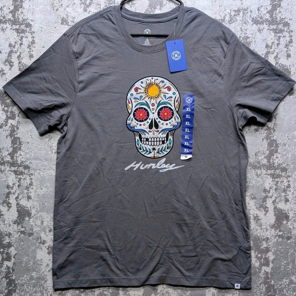 Hurley Mens Dia De Surf Sugar Skull Graphic Tee Stone Grey XL NWT