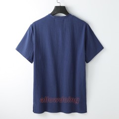 Men’s Stand-up Collar Short Sleeve Cotton Hemp Summer T-shirt Loose Linen V-neck