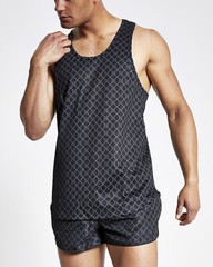 River Island Mens Black RI Monogram Racer Slim Fit Sleeveless Mesh T-shirt