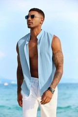 Mens Sleeveless Summer Shirts Beach Tank Tops Button Up Tank Shirt for Vacation