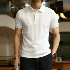 Business Casual Men’s Short Sleeve Ribbed Knit Button Up Shirt with Lapel