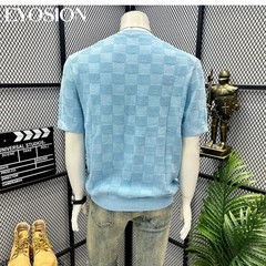 Men Knit Sweater Crewneck T-Shirt Plaid Checkered Casual Short Sleeve Tee Top