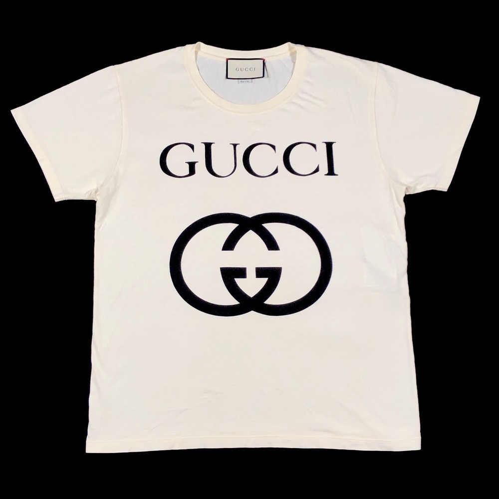 Gucci Interlocking GG Big Logo Cream Tee T Shirt Size Medium M Designer B1